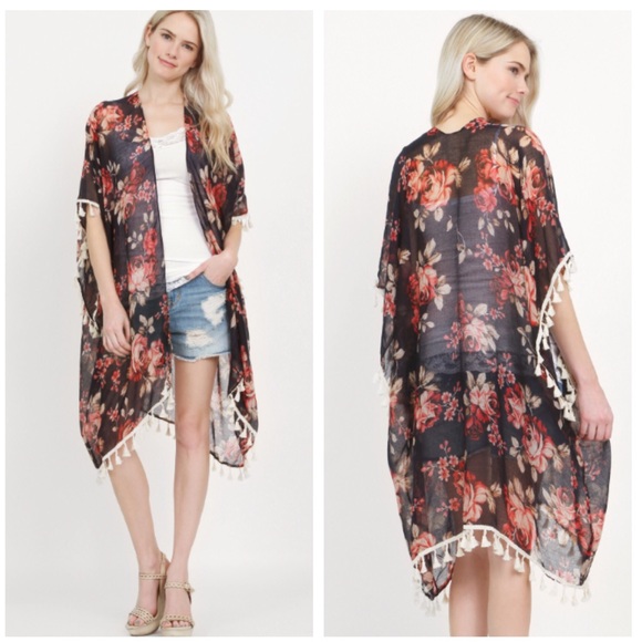 Navy Floral Tassel Kimono - Picture 2 of 6